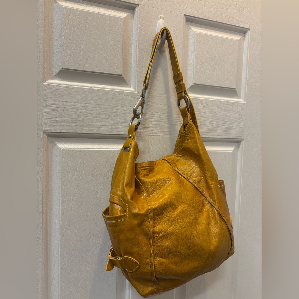 Nicoli Italian Leather Mustard Yellow  Hobo Slouchy Bag 15x14”